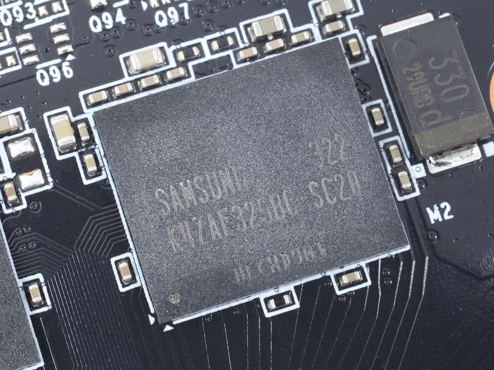 Close-up of a Samsung 16Gb GDDR6 memory module on a graphics card circuit board